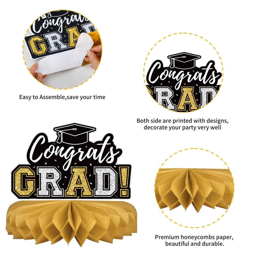 10Pcs Graduation Decorations 2026 Class of 2026 Congrats Grad Table Honeycomb Centerpieces Graduation Party Supplies for kindergarten K-12th College Any Grade Black