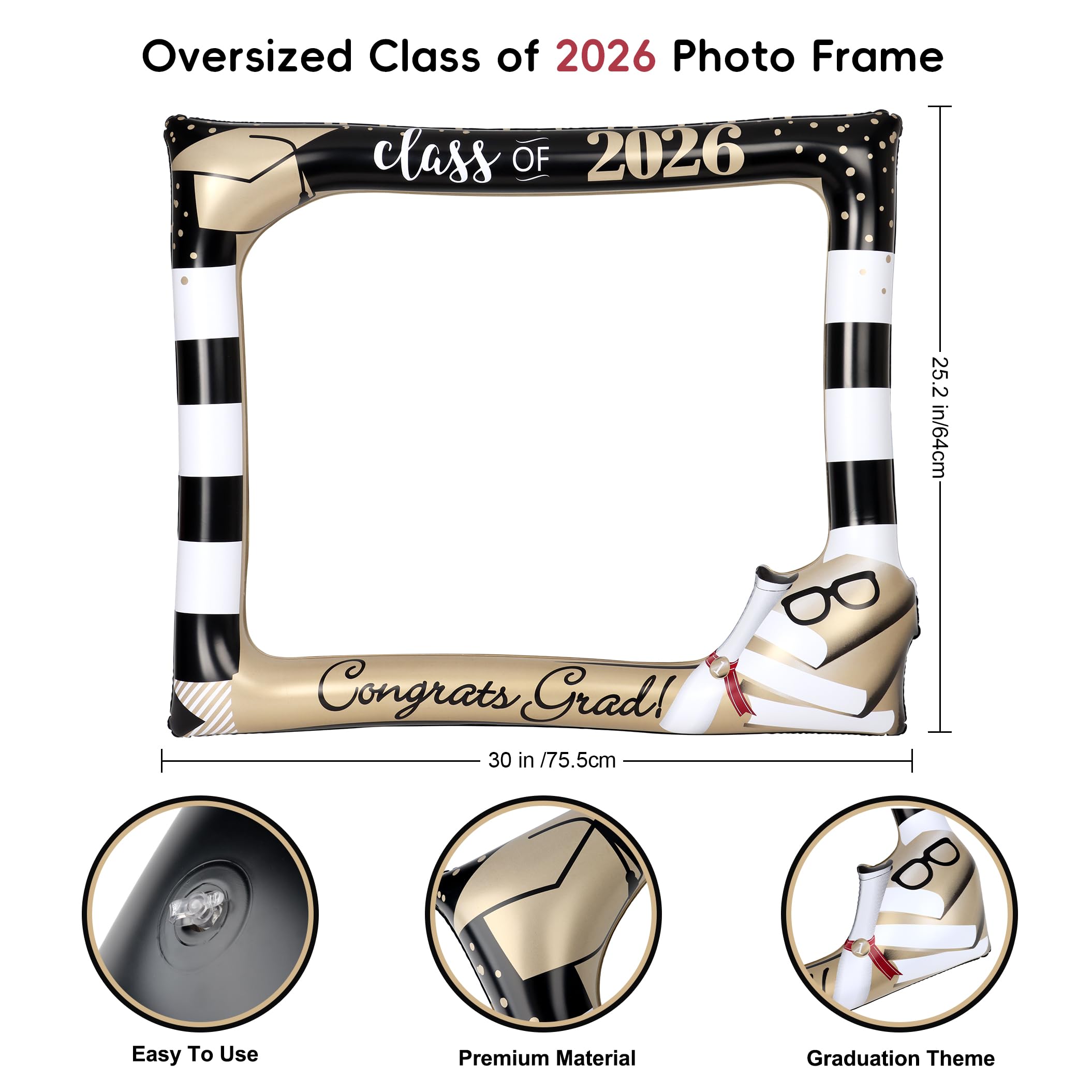 POPGIFTU Class of 2026 Graduation Photo Booth Frame, Inflatable Selfie Frame 31" x 24", Black Gold Congrats Grad Photo Booth Props for Graduation Party Decorations 2026