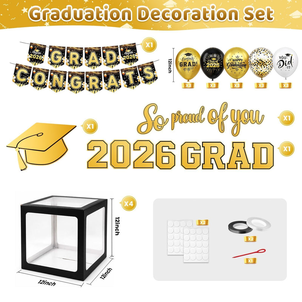 Gold and Black Graduation Party Decorations, Grad Balloon Boxes with Letters 2026 GRAD So Proud of You, Grad Balloons and Banner Decorations for Class of 2026 High School Graduation Decor
