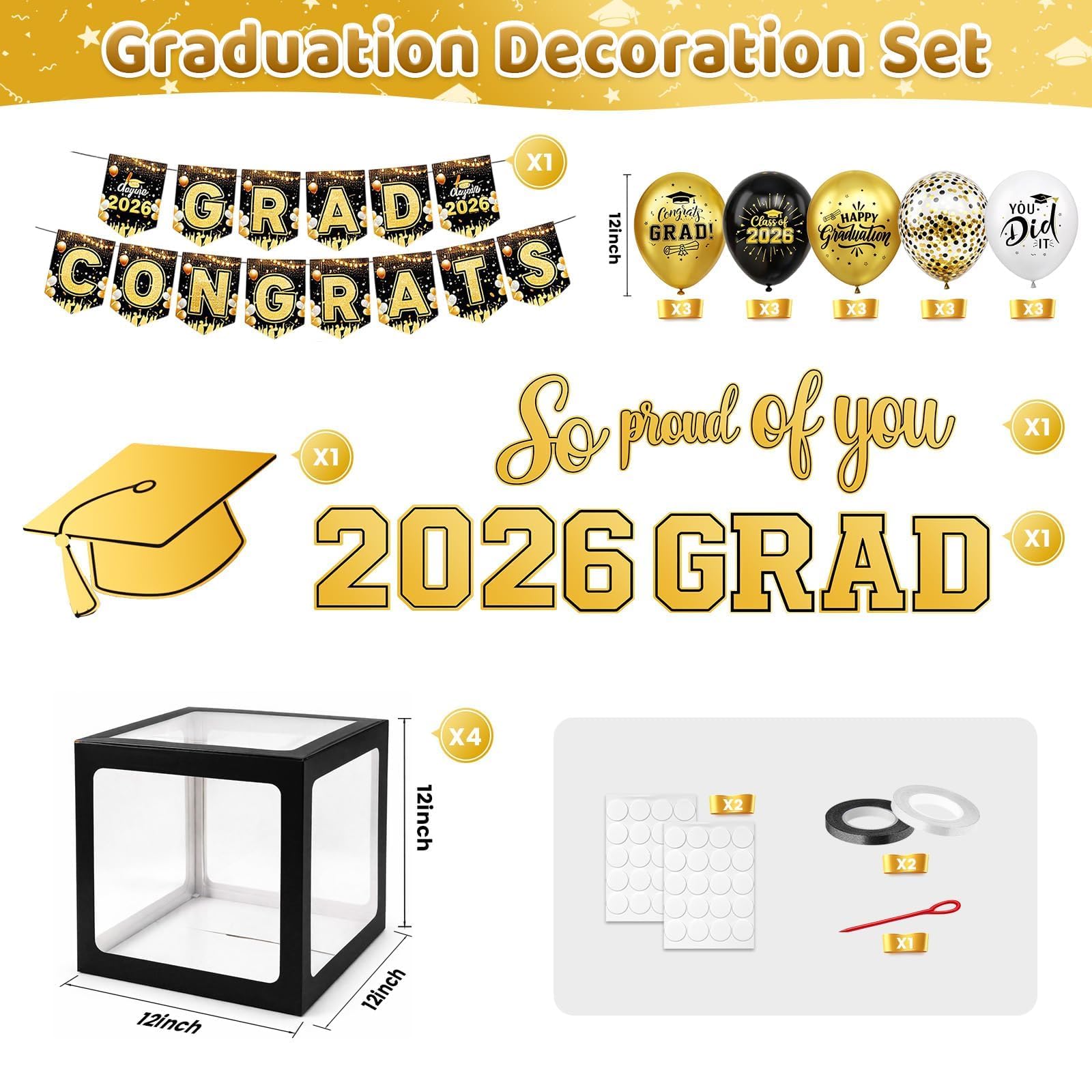 Gold and Black Graduation Party Decorations, Grad Balloon Boxes with Letters 2026 GRAD So Proud of You, Grad Balloons and Banner Decorations for Class of 2026 High School Graduation Decor