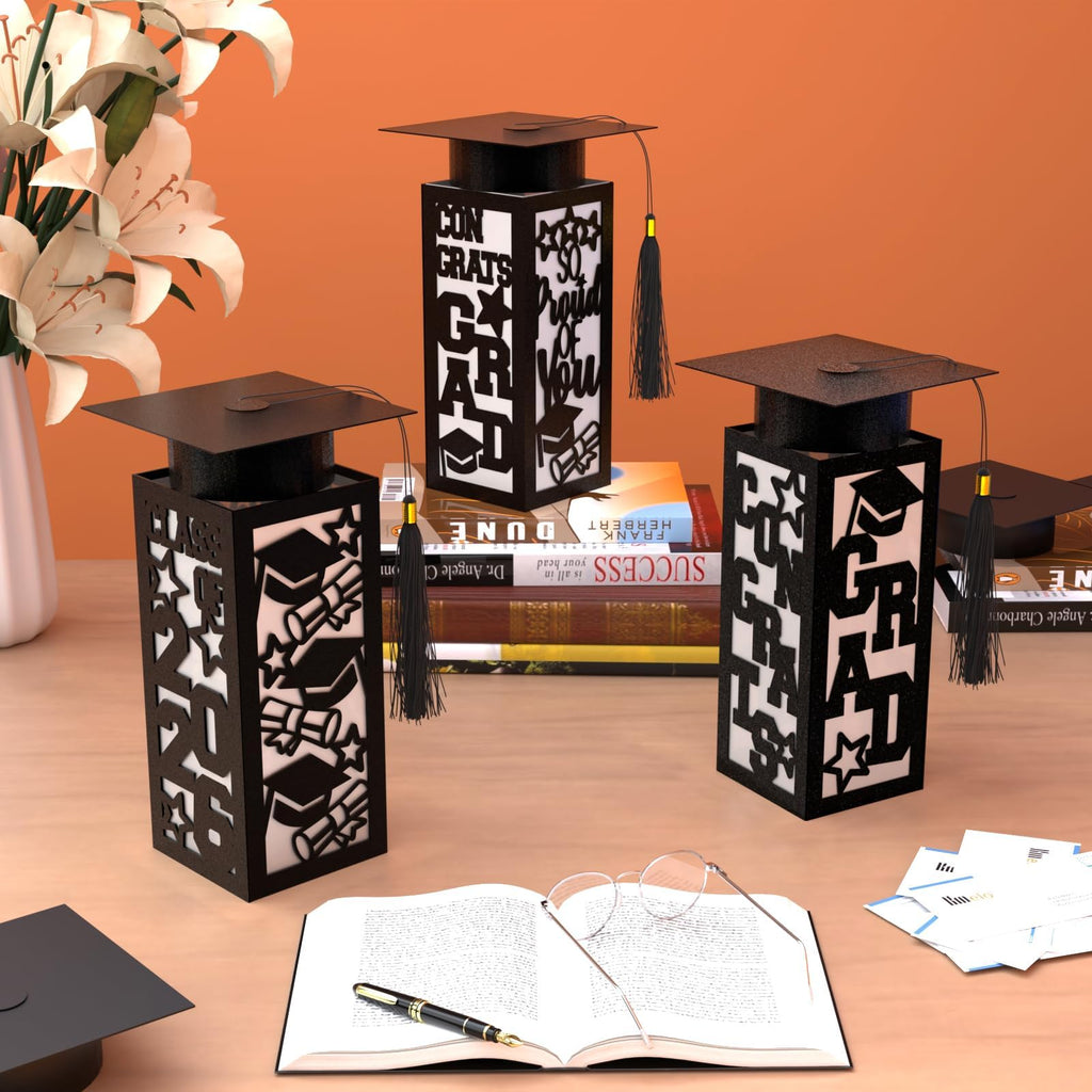6 Pcs Graduation Table Centerpieces Boxes Class of 2026, Golden Graduation Paper Lanterns Boxes with String Lights Hollow Out for Congrats Grad School College Table Decorations Grad Party Photo Props