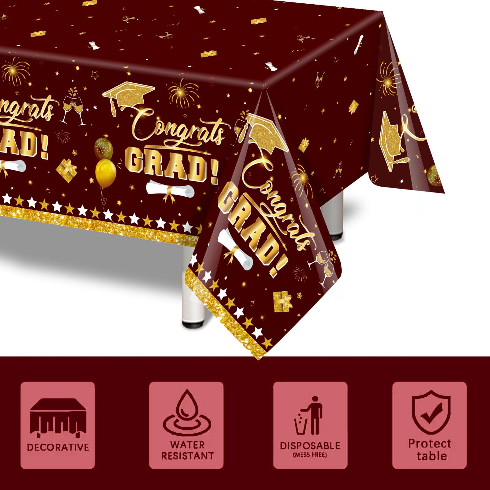 3 Pack Graduation Tablecloth Decorations,54x128inch Black Gold Congrats Grad Disposable Plastic Waterproof Rectangular Table Cloth Cover Decor for Class of 2026 College High School Party Supplies
