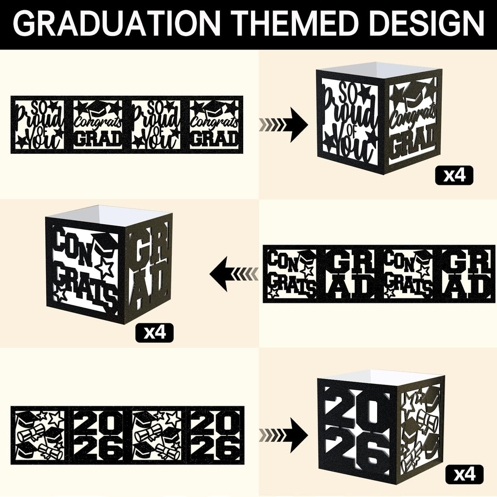 6 Pcs Graduation Table Centerpieces Boxes Class of 2026, Golden Graduation Paper Lanterns Boxes with String Lights Hollow Out for Congrats Grad School College Table Decorations Grad Party Photo Props