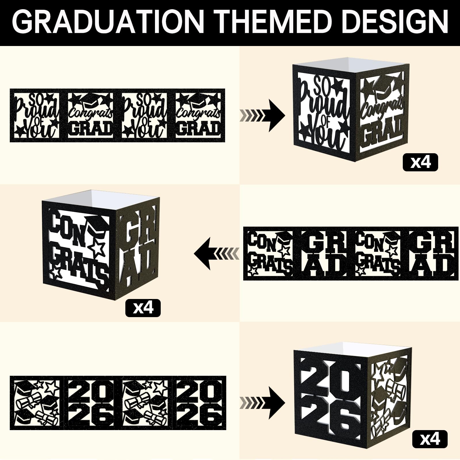 6 Pcs Graduation Table Centerpieces Boxes Class of 2026, Golden Graduation Paper Lanterns Boxes with String Lights Hollow Out for Congrats Grad School College Table Decorations Grad Party Photo Props