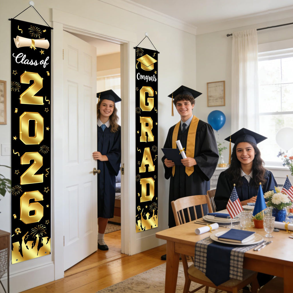 Graduation Decorations 2026 Porch Banner, Black and Gold Graduation Banner Class of 2026, Congrats Grad Decorations for Door and Porch Party Supplies