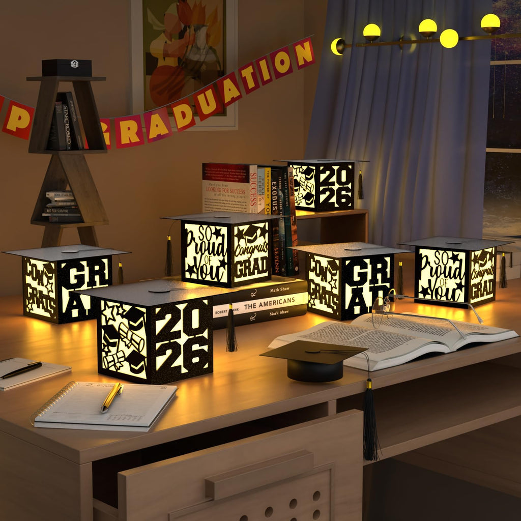 6 Pcs Graduation Table Centerpieces Boxes Class of 2026, Golden Graduation Paper Lanterns Boxes with String Lights Hollow Out for Congrats Grad School College Table Decorations Grad Party Photo Props