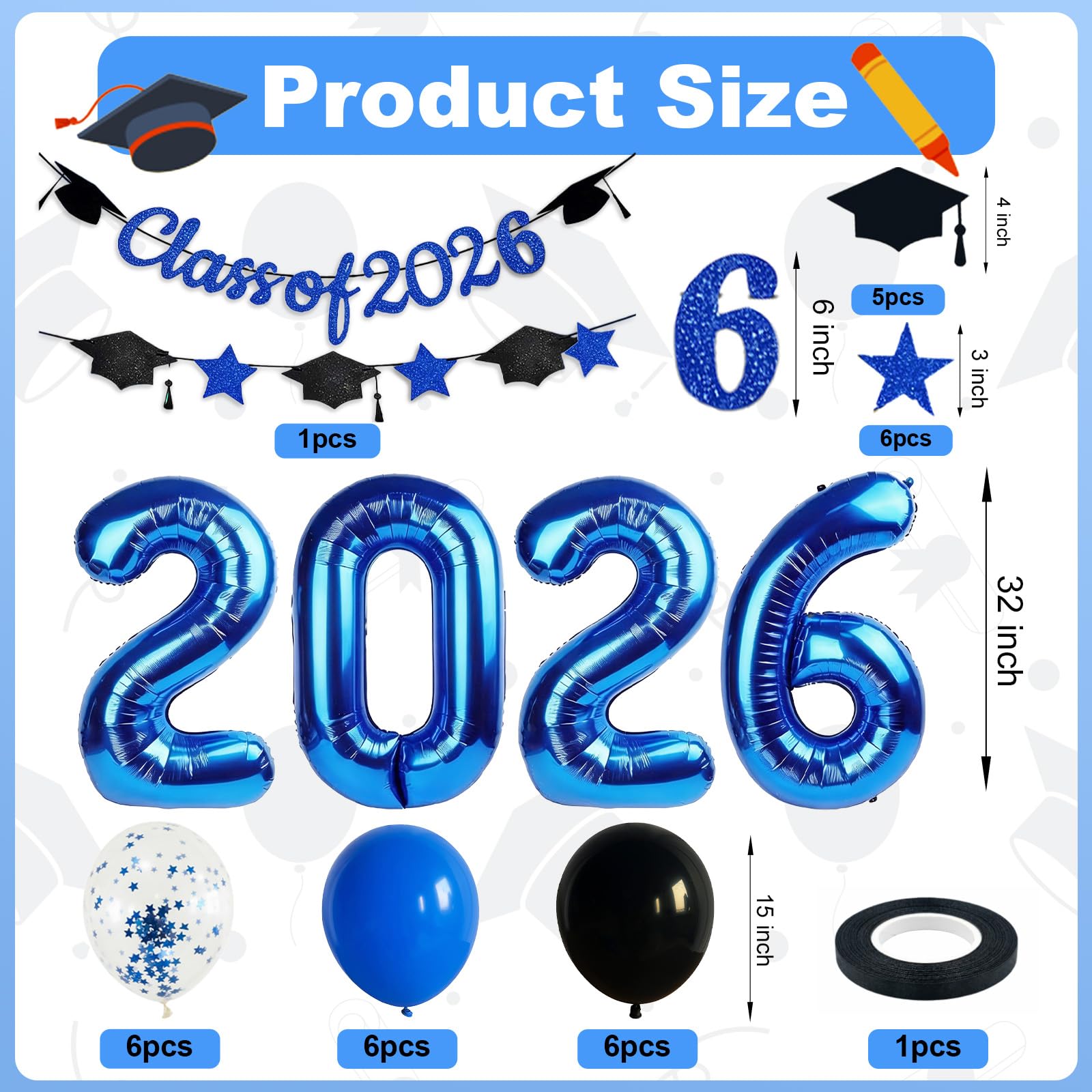 Graduation Balloons Class of 2026, Black Gold Graduation Party Decorations Set with 32in 2026 Number Balloons Confetti Balloon Star Cap Garland Banner for Senior High School College Grad Party Decor