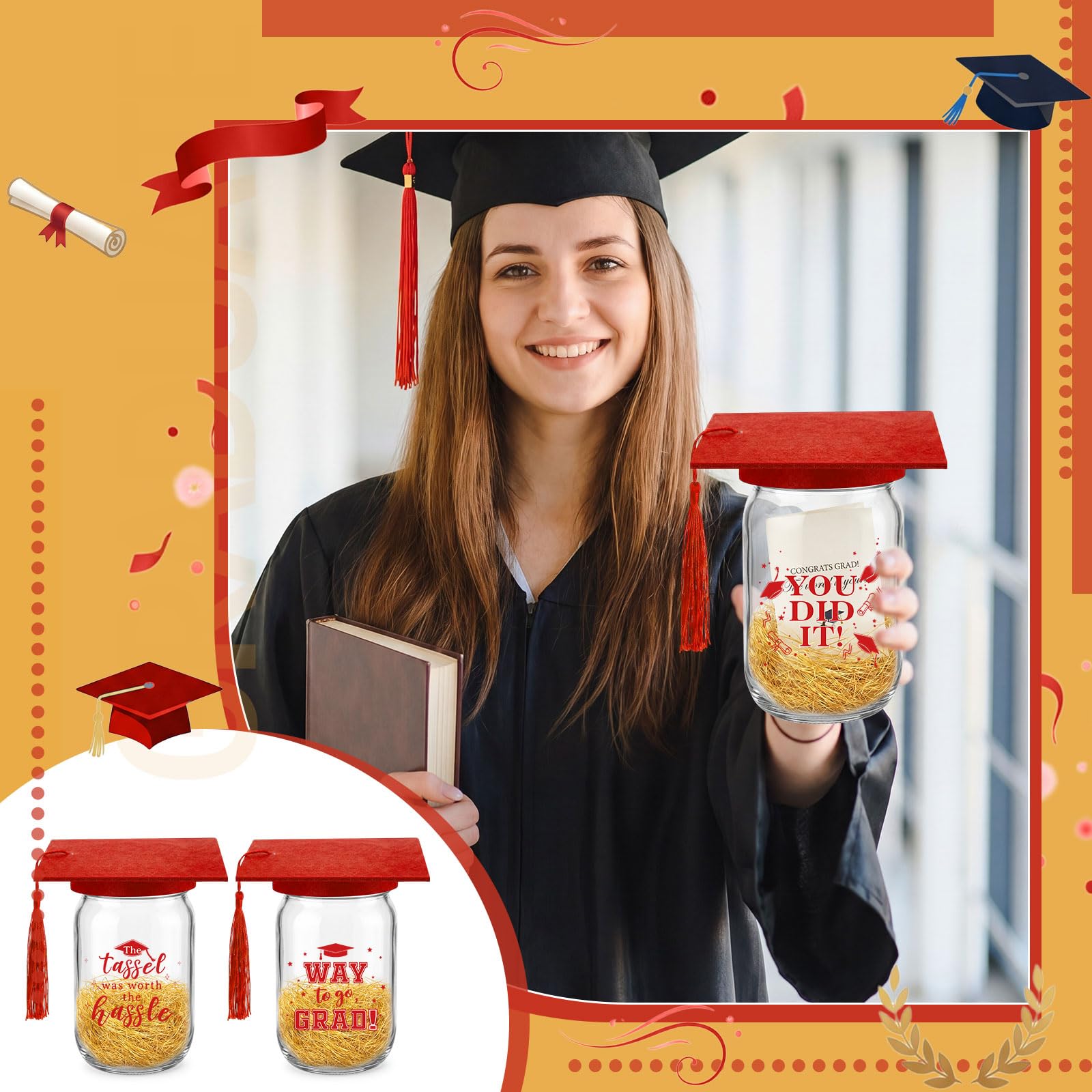 Suclain 6 Set Graduation Table Decorations Glass Mason Money Jars Gifts Class of 2026 Table Centerpieces with Felt Cap Raffia & Sticker for College High School Congrats Grad Parties(Black,Gold Tassel)