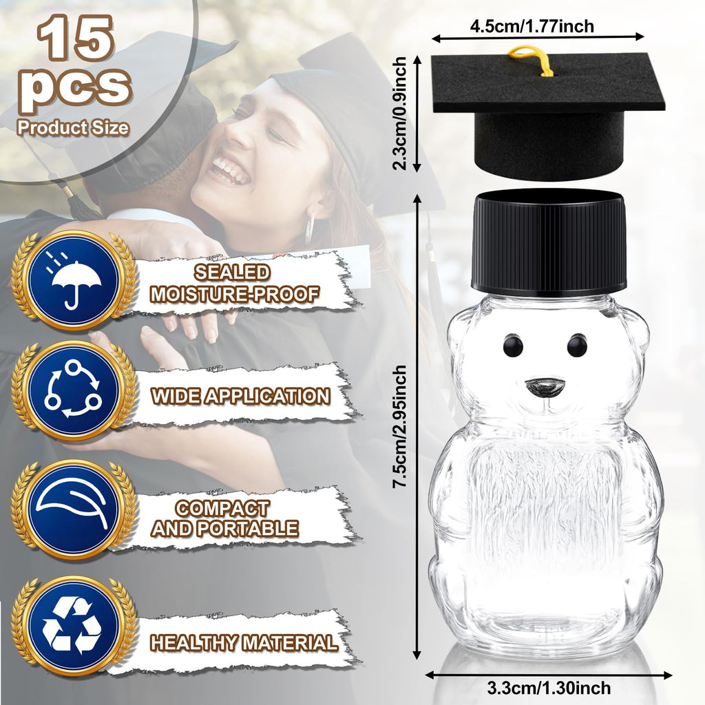 15 Set Graduation Cap Bear Jars Graduation Candy Boxes Containers Plastic Clear Bear Jars with Black Grad Cap and Tassel Grad Gifts Bulk for Party Favors Decorations (60 ml,Black Eyes)