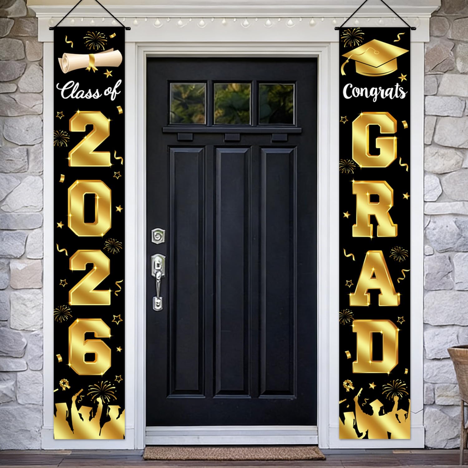 Graduation Decorations 2026 Porch Banner, Black and Gold Graduation Banner Class of 2026, Congrats Grad Decorations for Door and Porch Party Supplies