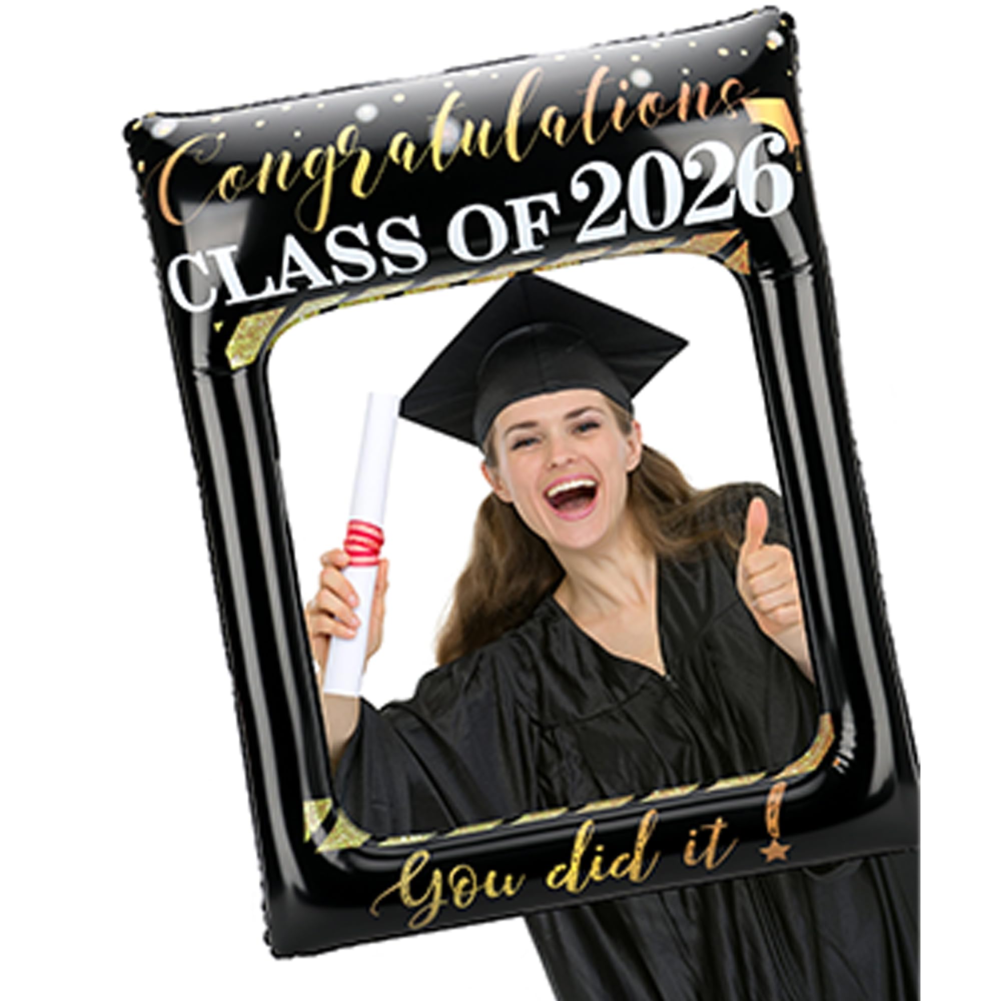 POPGIFTU Class of 2026 Graduation Photo Booth Frame, Inflatable Selfie Frame 31" x 24", Black Gold Congrats Grad Photo Booth Props for Graduation Party Decorations 2026