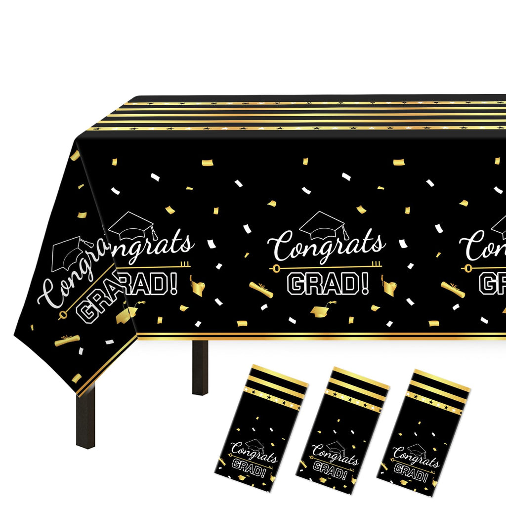 Childom 3 Pack Graduation Tablecloth,Graduation Decorations Class of 2026 Graduation Party Decorations,54"x108" Black and Gold Plastic Table Cloth Disposable for Home,School,Birthday,Wedding,Parties