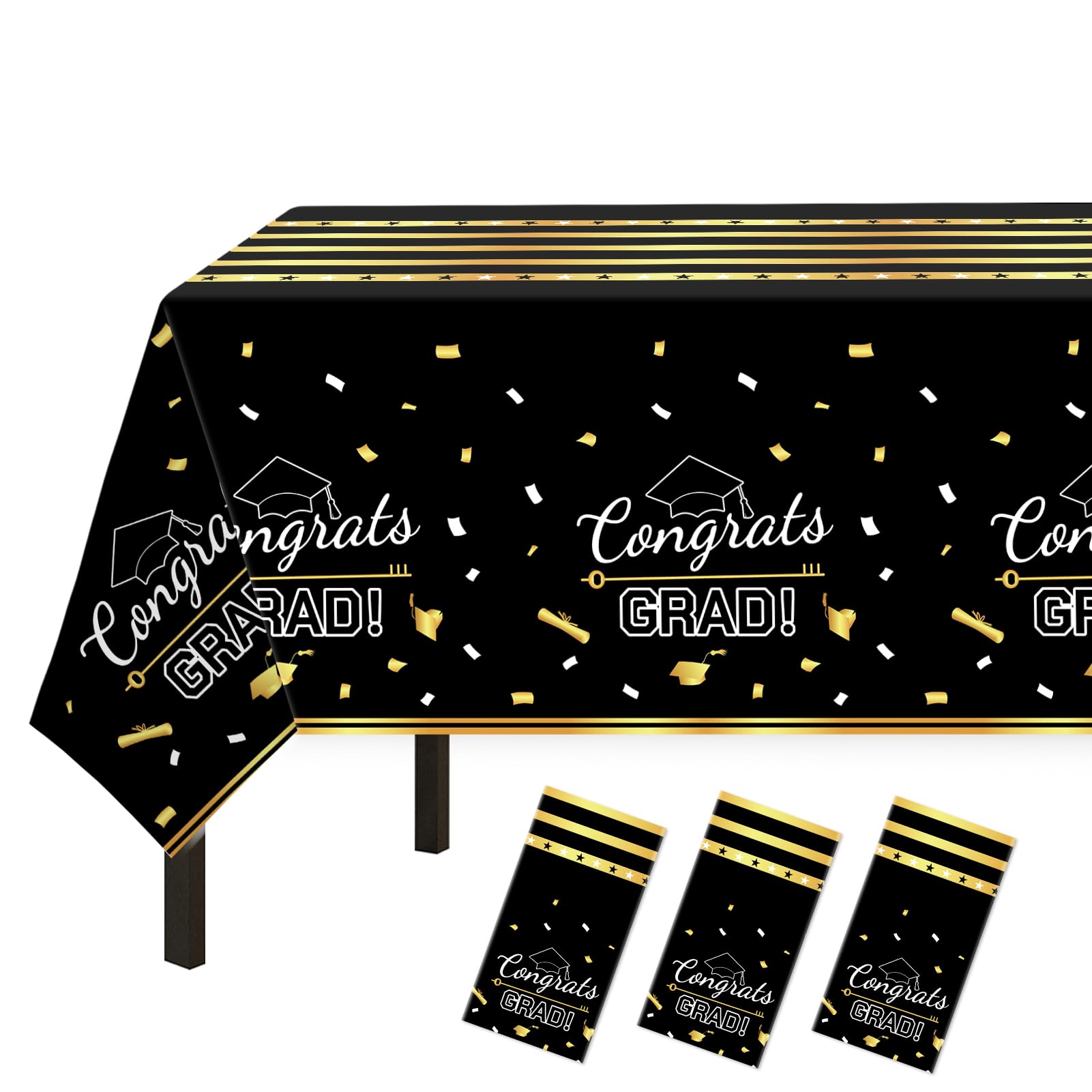 Childom 3 Pack Graduation Tablecloth,Graduation Decorations Class of 2026 Graduation Party Decorations,54"x108" Black and Gold Plastic Table Cloth Disposable for Home,School,Birthday,Wedding,Parties