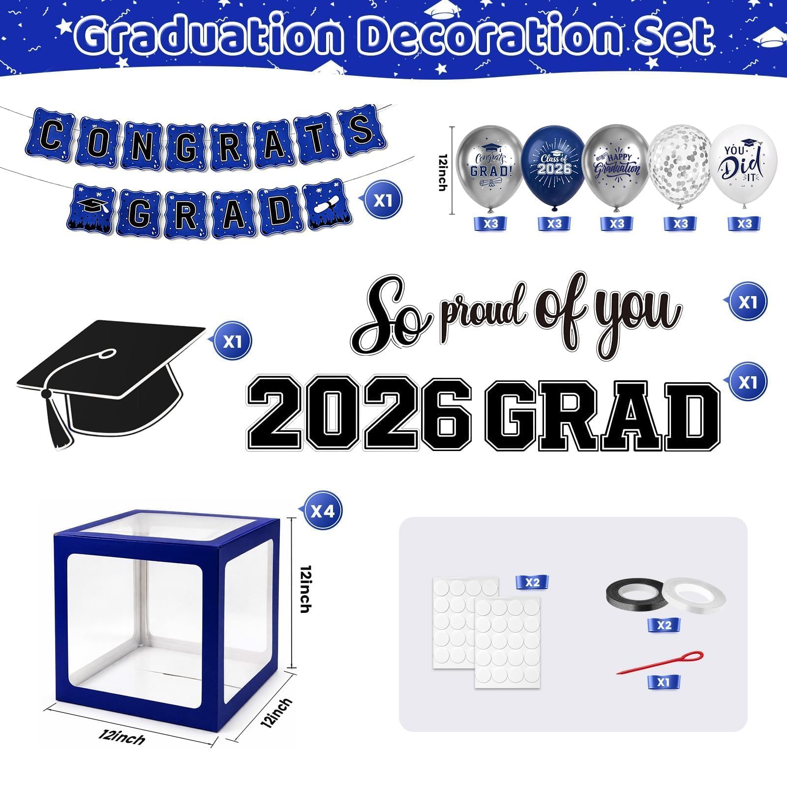 Gold and Black Graduation Party Decorations, Grad Balloon Boxes with Letters 2026 GRAD So Proud of You, Grad Balloons and Banner Decorations for Class of 2026 High School Graduation Decor