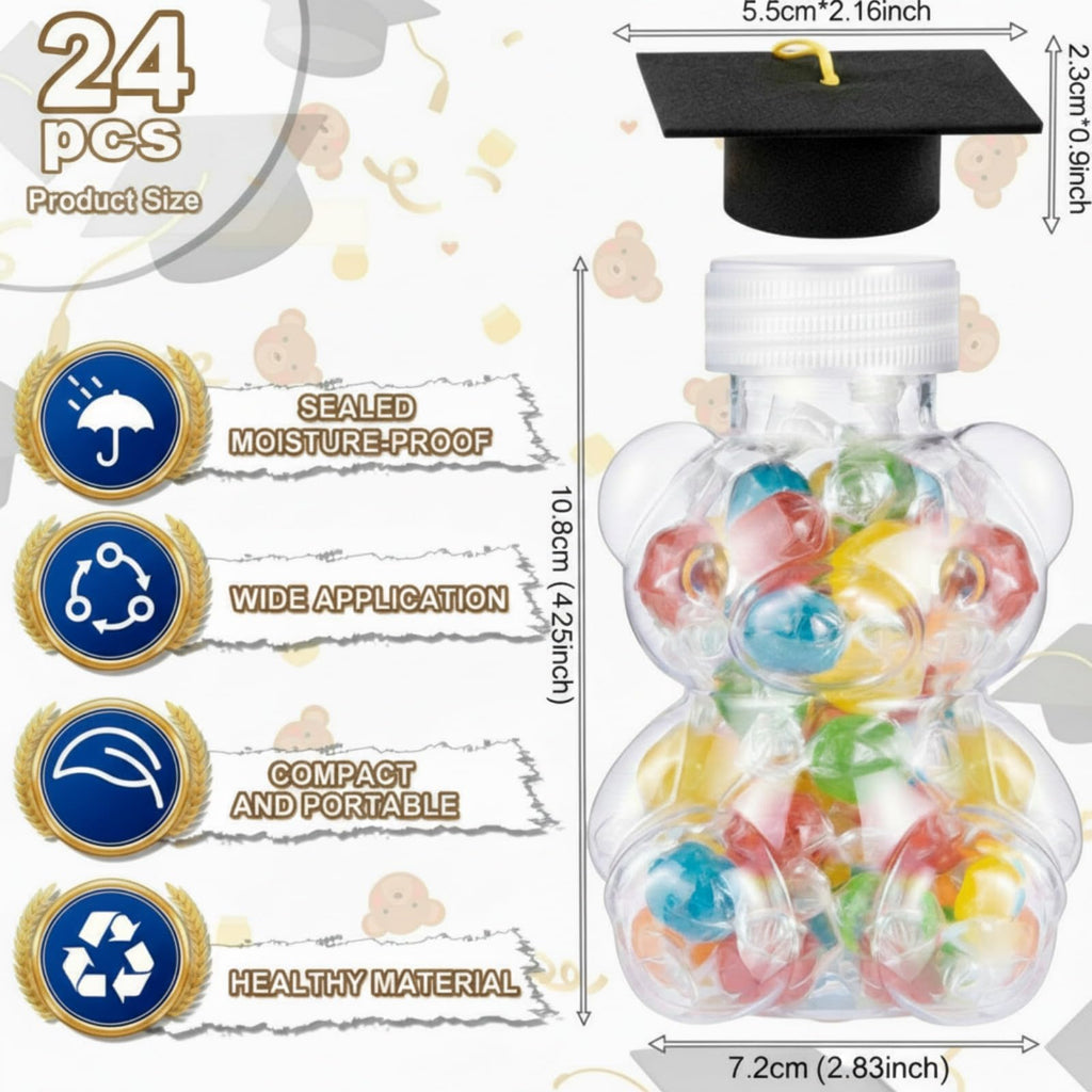 15 Set Graduation Cap Bear Jars Graduation Candy Boxes Containers Plastic Clear Bear Jars with Black Grad Cap and Tassel Grad Gifts Bulk for Party Favors Decorations (60 ml,Black Eyes)