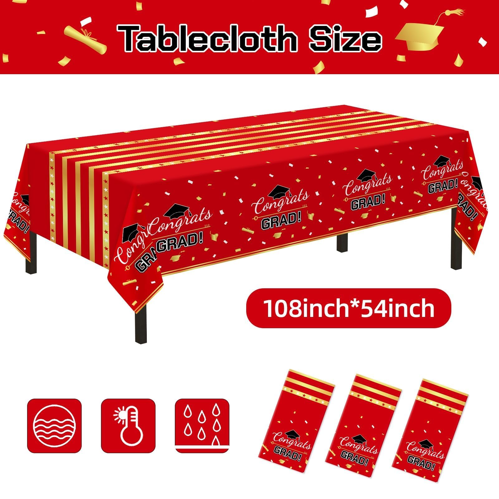 Childom 3 Pack Graduation Tablecloth,Graduation Decorations Class of 2026 Graduation Party Decorations,54"x108" Black and Gold Plastic Table Cloth Disposable for Home,School,Birthday,Wedding,Parties