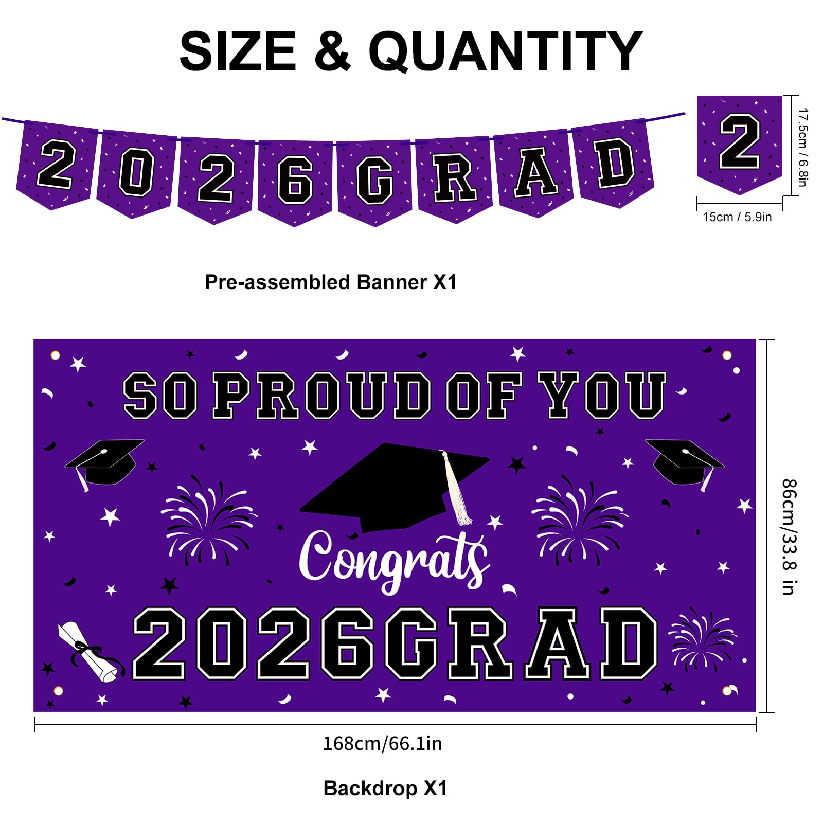 59Pcs Graduation Decorations 2026 Backdrop Balloons Banner Centerpiece Hanging Swirls Grad Class of 2026 Decorations for kindergarten K-12th College Any Grade Black Gold Themed