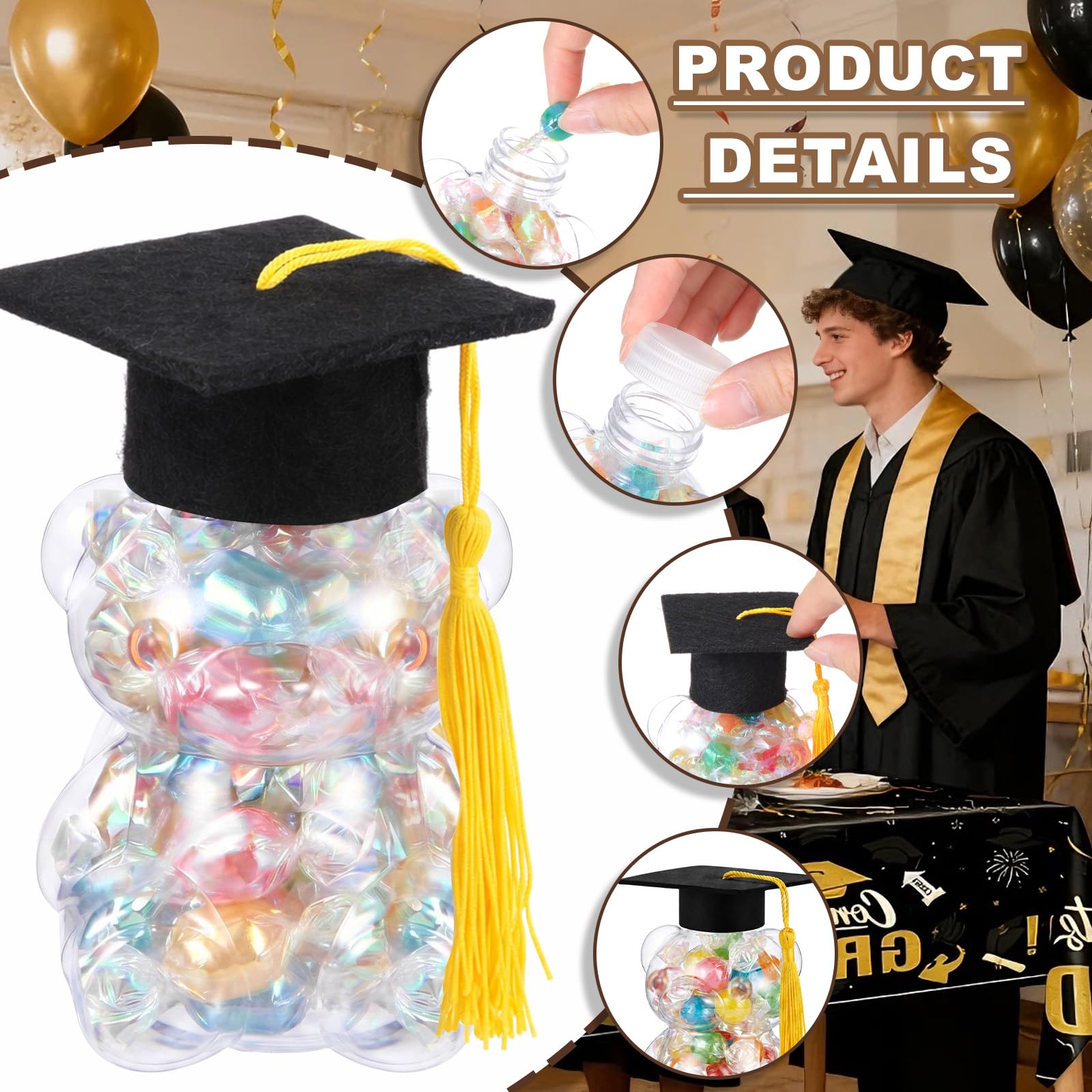 15 Set Graduation Cap Bear Jars Graduation Candy Boxes Containers Plastic Clear Bear Jars with Black Grad Cap and Tassel Grad Gifts Bulk for Party Favors Decorations (60 ml,Black Eyes)