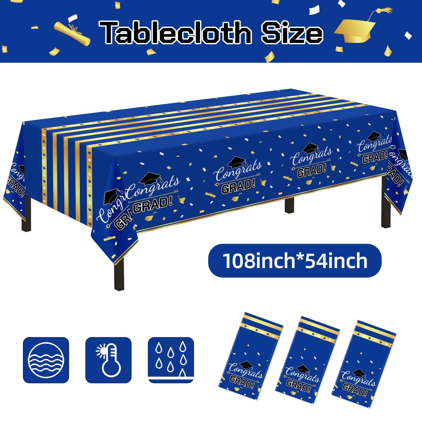 Childom 3 Pack Graduation Tablecloth,Graduation Decorations Class of 2026 Graduation Party Decorations,54"x108" Black and Gold Plastic Table Cloth Disposable for Home,School,Birthday,Wedding,Parties