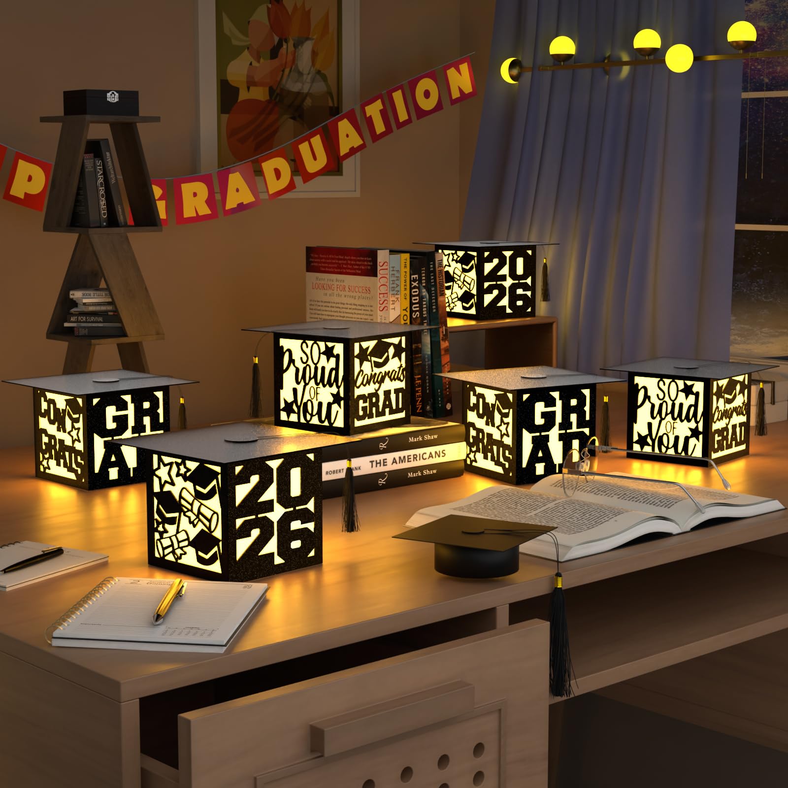 6 Pcs Graduation Table Centerpieces Boxes Class of 2026, Golden Graduation Paper Lanterns Boxes with String Lights Hollow Out for Congrats Grad School College Table Decorations Grad Party Photo Props