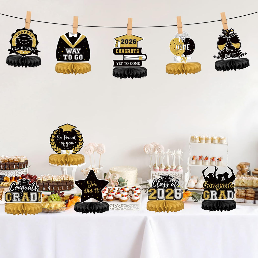 10Pcs Graduation Decorations 2026 Class of 2026 Congrats Grad Table Honeycomb Centerpieces Graduation Party Supplies for kindergarten K-12th College Any Grade Black