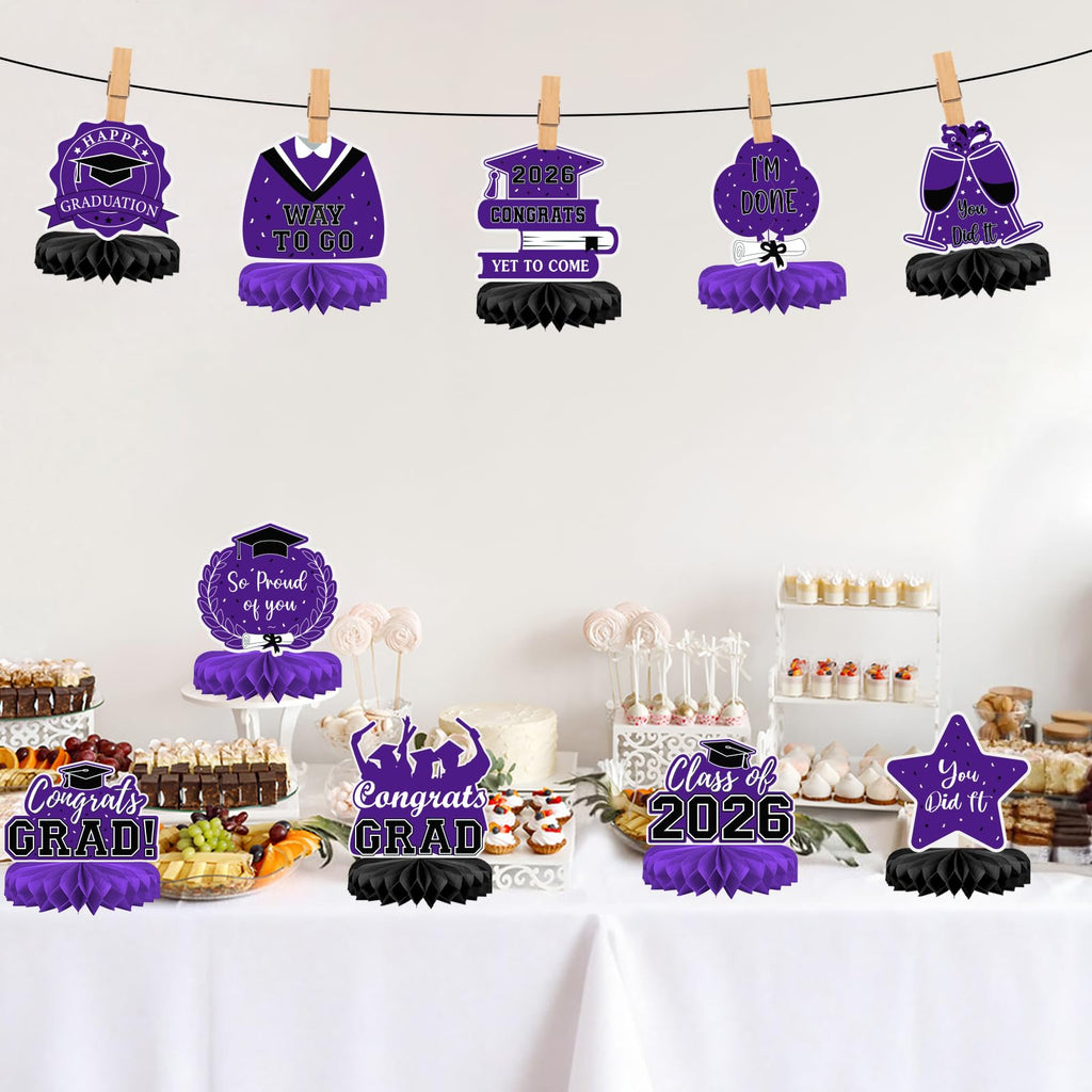 10Pcs Graduation Decorations 2026 Class of 2026 Congrats Grad Table Honeycomb Centerpieces Graduation Party Supplies for kindergarten K-12th College Any Grade Black