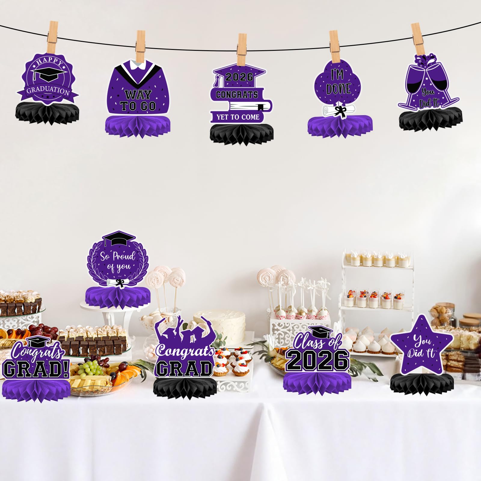 10Pcs Graduation Decorations 2026 Class of 2026 Congrats Grad Table Honeycomb Centerpieces Graduation Party Supplies for kindergarten K-12th College Any Grade Black