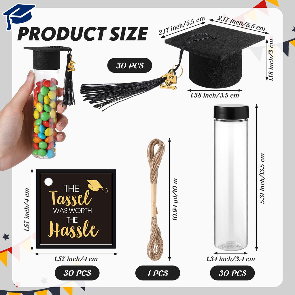 Willinglong 30 Set 2026 Graduation Candy Tubes Jars Set 100 ml Fillable Clear Plastic Gumball Container with Cap with Tassel and Cards for DIY 2026 Graduation Party Favors(Blue)