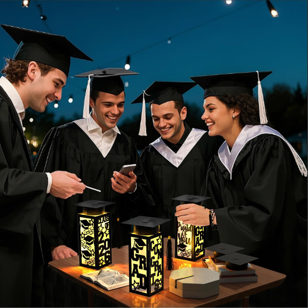 6 Pcs Graduation Table Centerpieces Boxes Class of 2026, Golden Graduation Paper Lanterns Boxes with String Lights Hollow Out for Congrats Grad School College Table Decorations Grad Party Photo Props