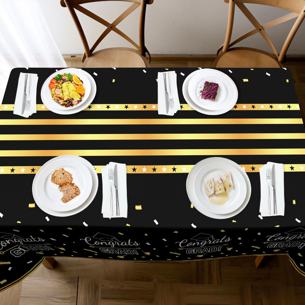 Childom 3 Pack Graduation Tablecloth,Graduation Decorations Class of 2026 Graduation Party Decorations,54"x108" Black and Gold Plastic Table Cloth Disposable for Home,School,Birthday,Wedding,Parties