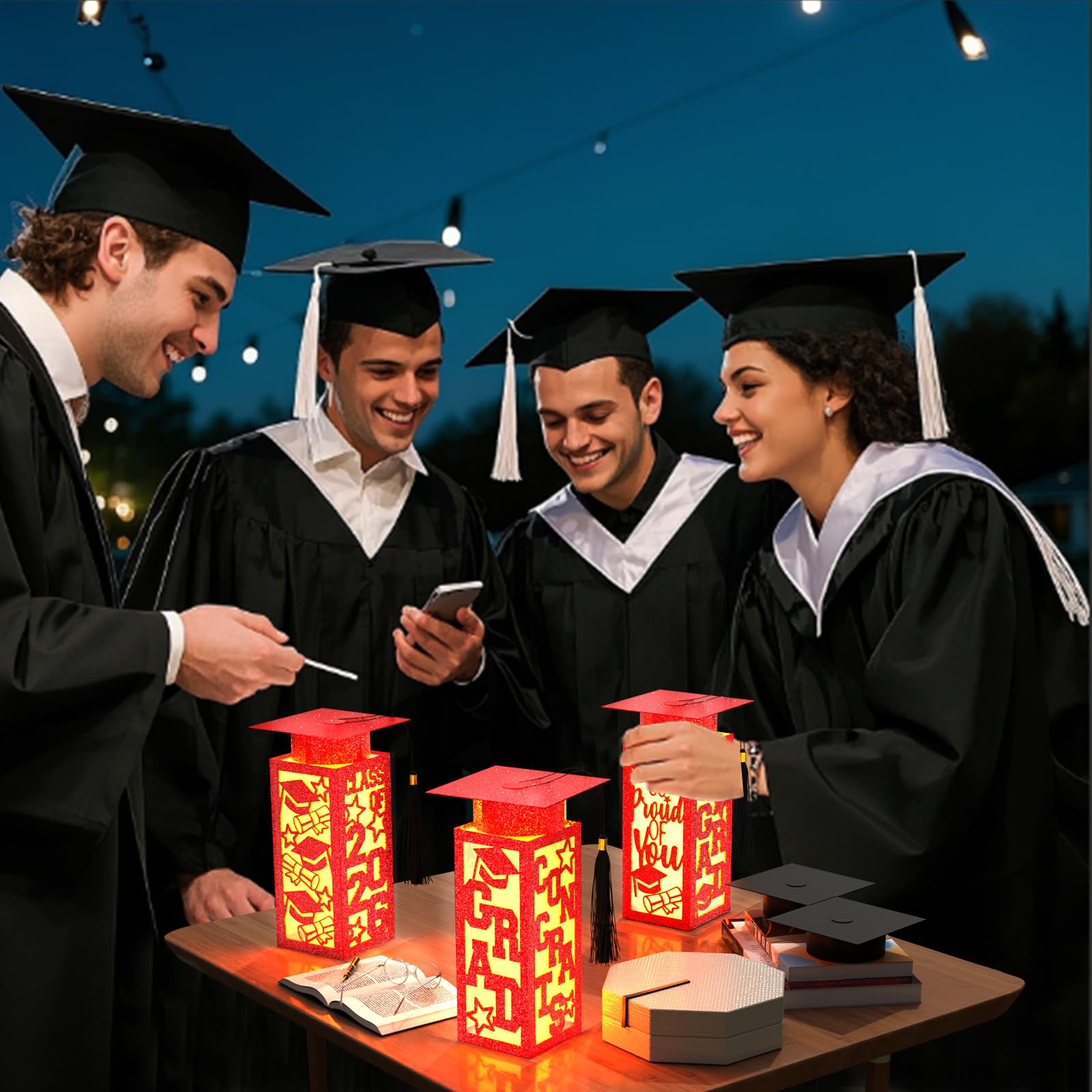 6 Pcs Graduation Table Centerpieces Boxes Class of 2026, Golden Graduation Paper Lanterns Boxes with String Lights Hollow Out for Congrats Grad School College Table Decorations Grad Party Photo Props