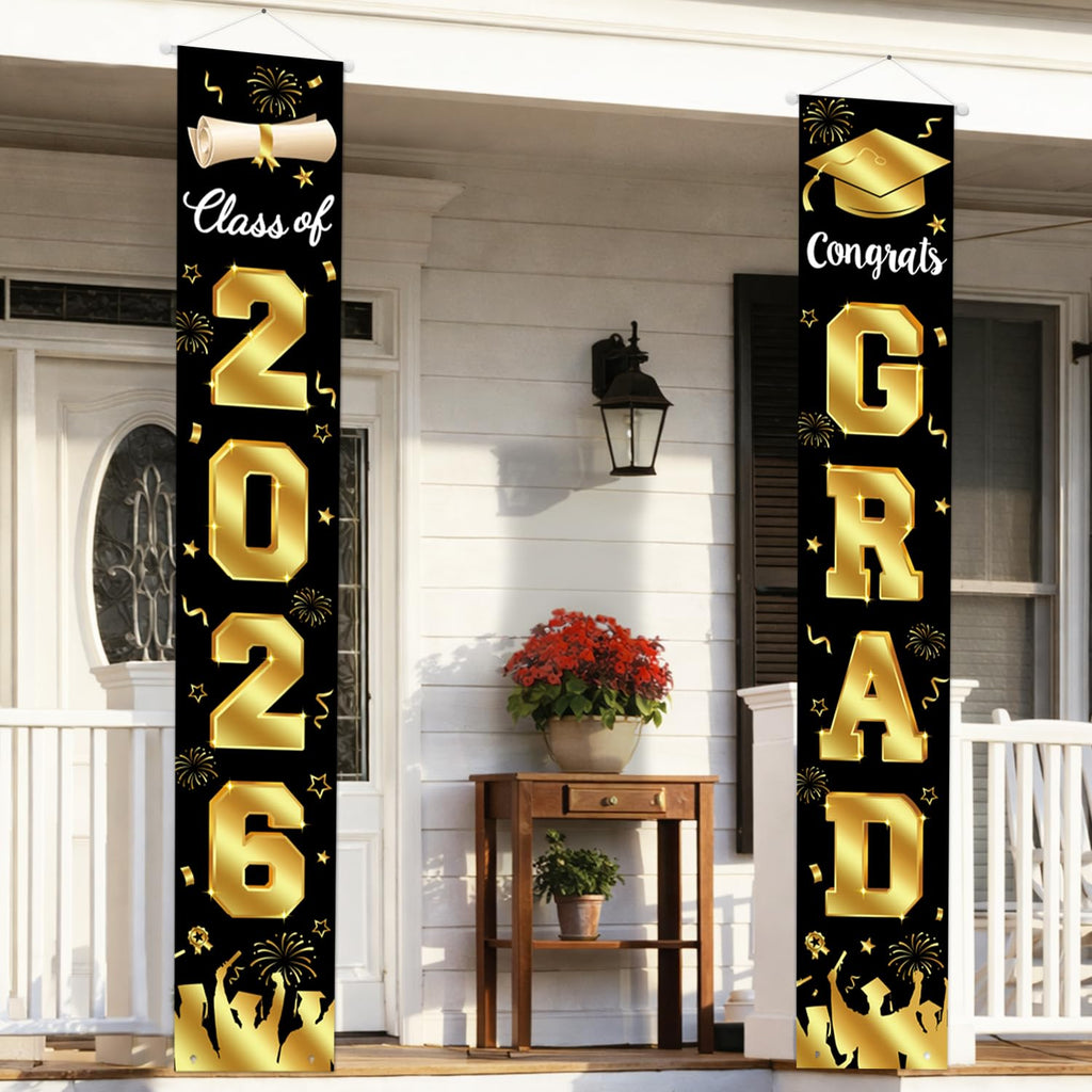 Graduation Decorations 2026 Porch Banner, Black and Gold Graduation Banner Class of 2026, Congrats Grad Decorations for Door and Porch Party Supplies
