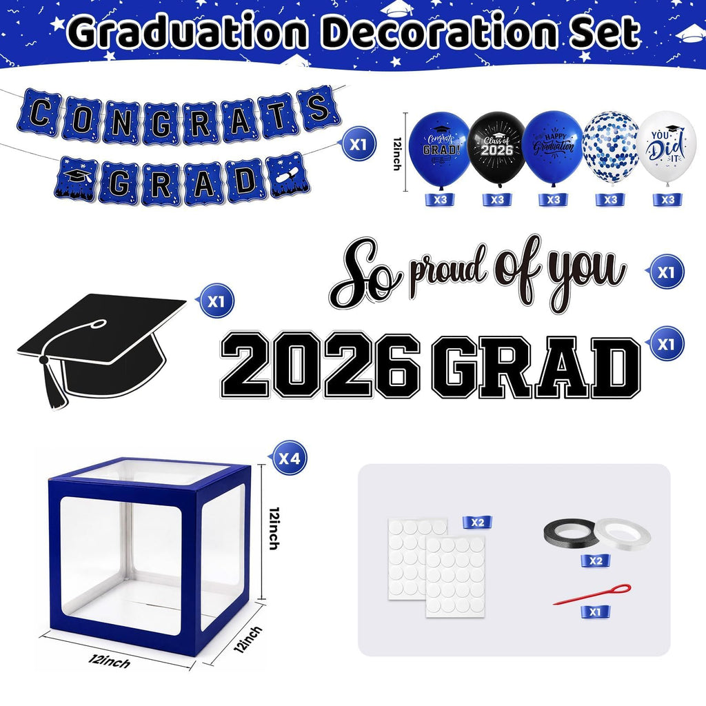 Gold and Black Graduation Party Decorations, Grad Balloon Boxes with Letters 2026 GRAD So Proud of You, Grad Balloons and Banner Decorations for Class of 2026 High School Graduation Decor