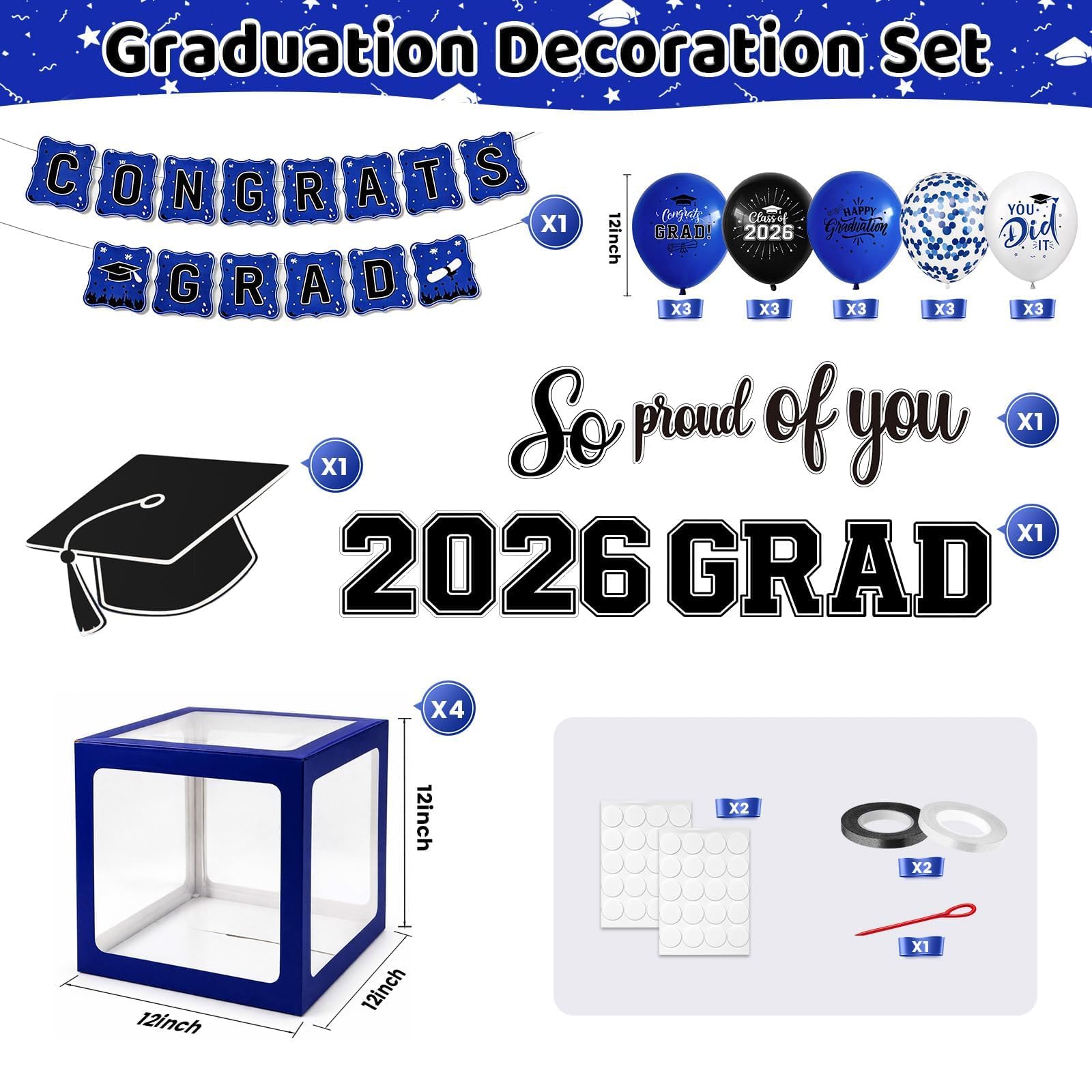 Gold and Black Graduation Party Decorations, Grad Balloon Boxes with Letters 2026 GRAD So Proud of You, Grad Balloons and Banner Decorations for Class of 2026 High School Graduation Decor