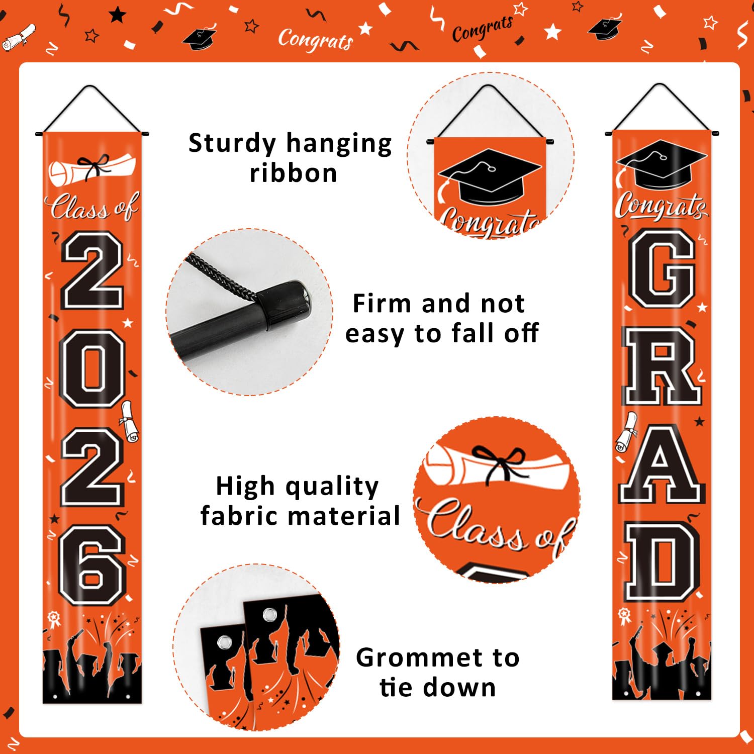 Graduation Decorations 2026 Porch Banner, Black and Gold Graduation Banner Class of 2026, Congrats Grad Decorations for Door and Porch Party Supplies