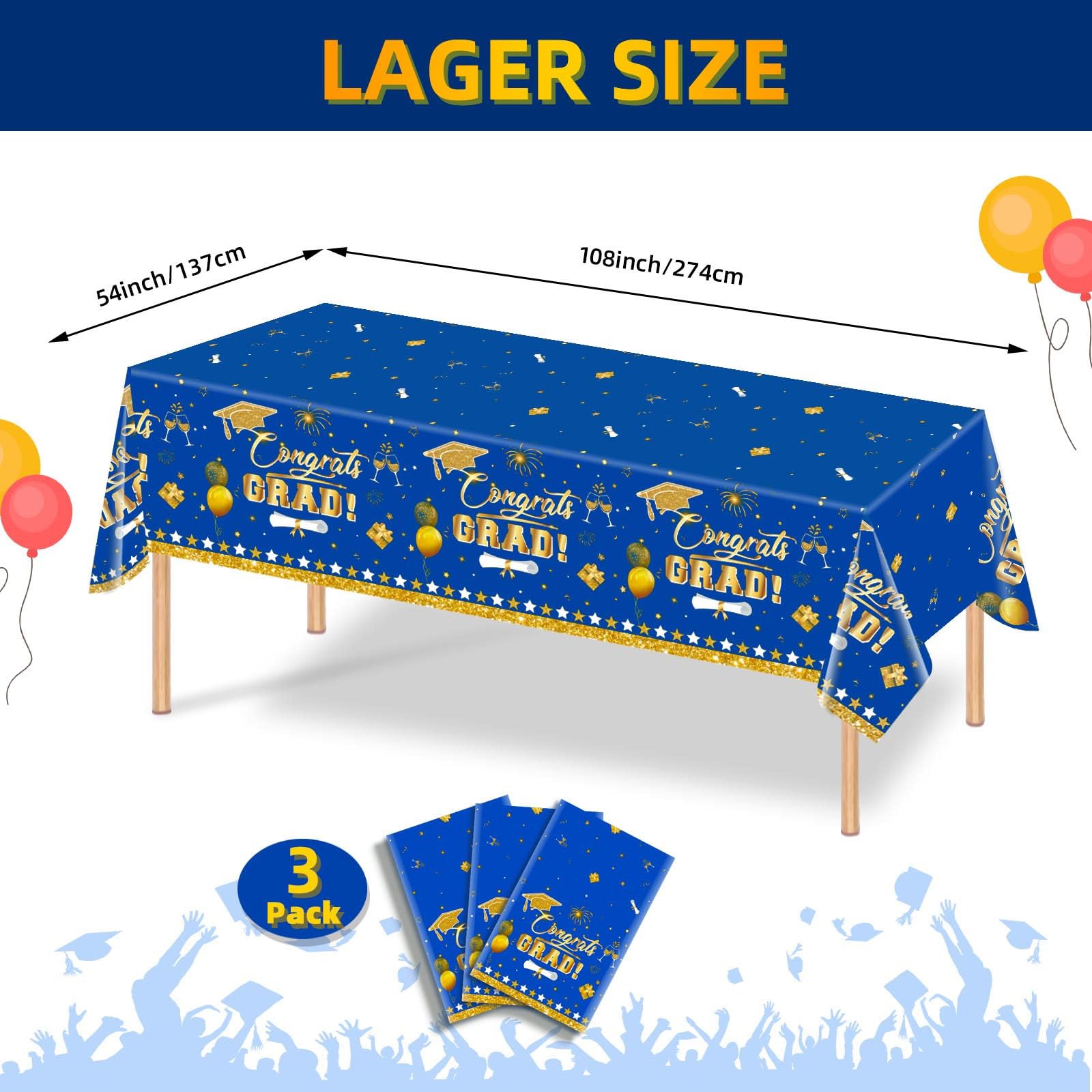 3 Pack Graduation Tablecloth Decorations,54x128inch Black Gold Congrats Grad Disposable Plastic Waterproof Rectangular Table Cloth Cover Decor for Class of 2026 College High School Party Supplies