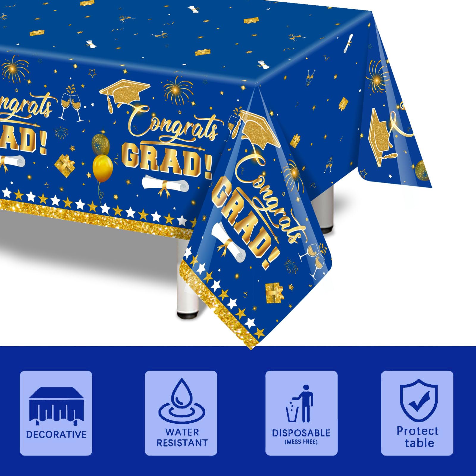 3 Pack Graduation Tablecloth Decorations,54x128inch Black Gold Congrats Grad Disposable Plastic Waterproof Rectangular Table Cloth Cover Decor for Class of 2026 College High School Party Supplies