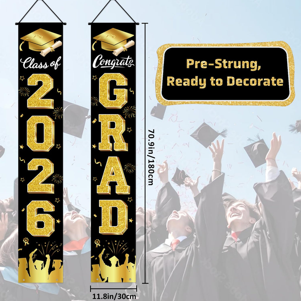 Graduation Decorations 2026 Porch Banner, Black and Gold Graduation Banner Class of 2026, Congrats Grad Decorations for Door and Porch Party Supplies