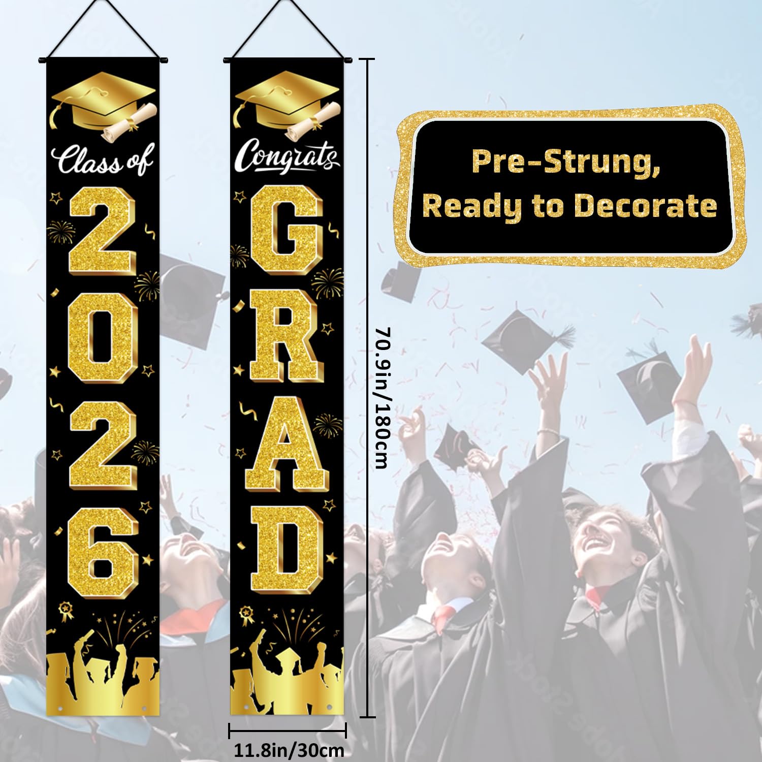 Graduation Decorations 2026 Porch Banner, Black and Gold Graduation Banner Class of 2026, Congrats Grad Decorations for Door and Porch Party Supplies