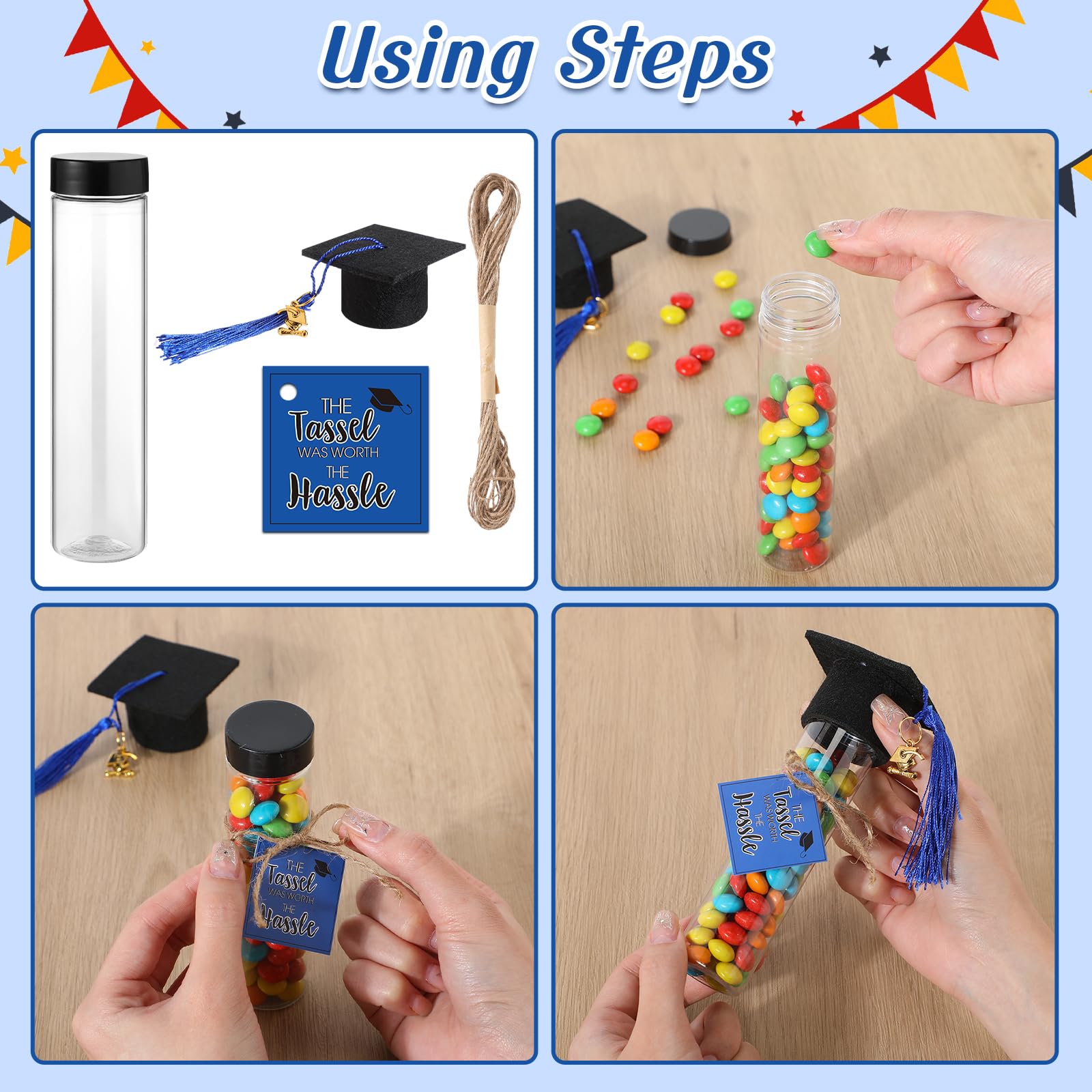 Willinglong 30 Set 2026 Graduation Candy Tubes Jars Set 100 ml Fillable Clear Plastic Gumball Container with Cap with Tassel and Cards for DIY 2026 Graduation Party Favors(Blue)