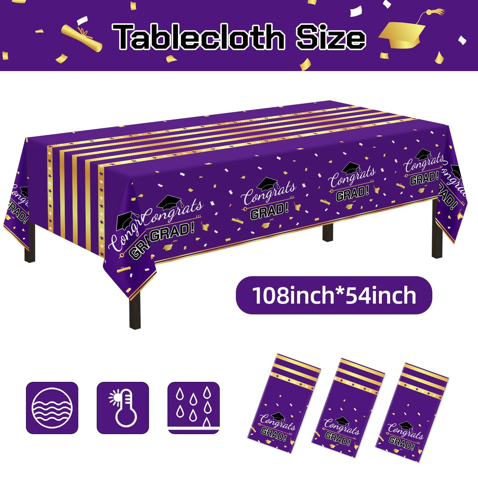 Childom 3 Pack Graduation Tablecloth,Graduation Decorations Class of 2026 Graduation Party Decorations,54"x108" Black and Gold Plastic Table Cloth Disposable for Home,School,Birthday,Wedding,Parties
