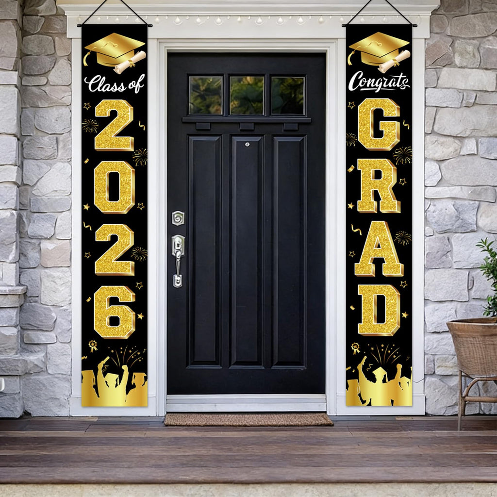Graduation Decorations 2026 Porch Banner, Black and Gold Graduation Banner Class of 2026, Congrats Grad Decorations for Door and Porch Party Supplies