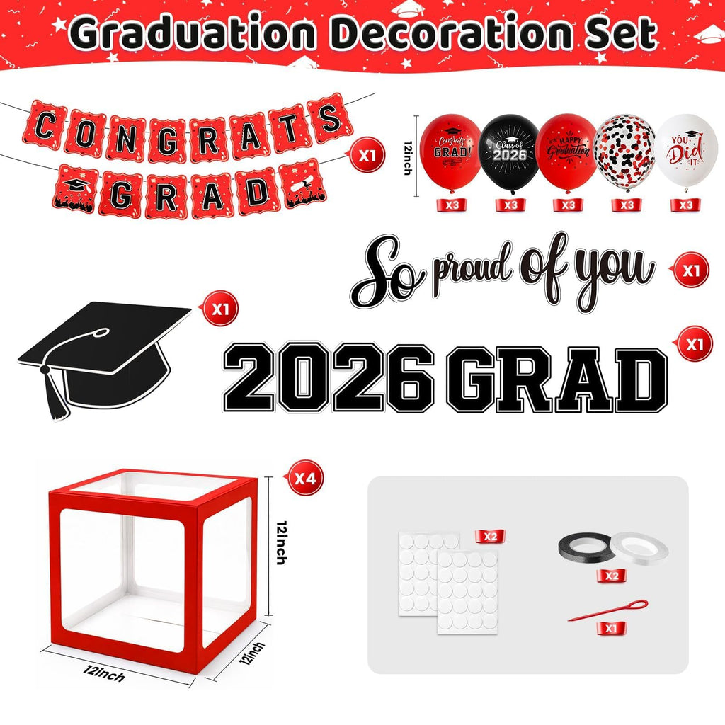 Gold and Black Graduation Party Decorations, Grad Balloon Boxes with Letters 2026 GRAD So Proud of You, Grad Balloons and Banner Decorations for Class of 2026 High School Graduation Decor