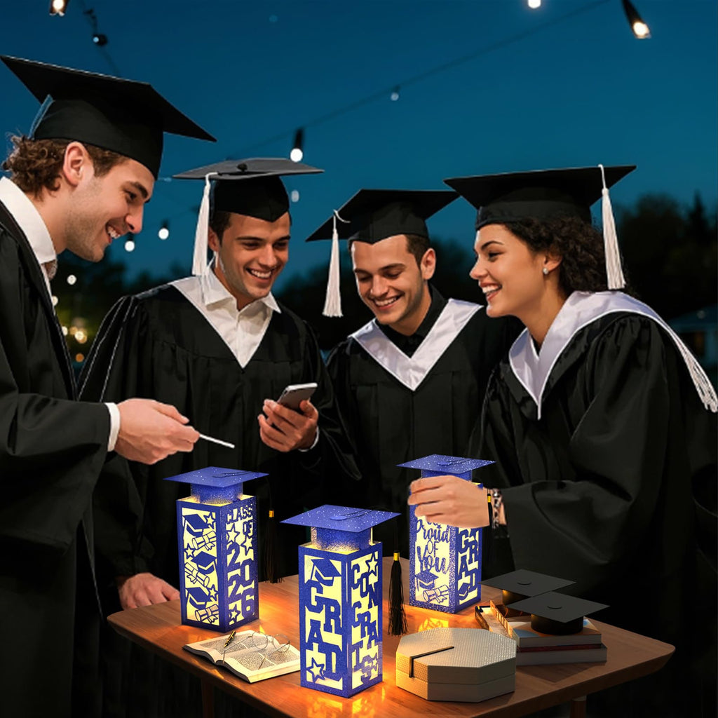 6 Pcs Graduation Table Centerpieces Boxes Class of 2026, Golden Graduation Paper Lanterns Boxes with String Lights Hollow Out for Congrats Grad School College Table Decorations Grad Party Photo Props