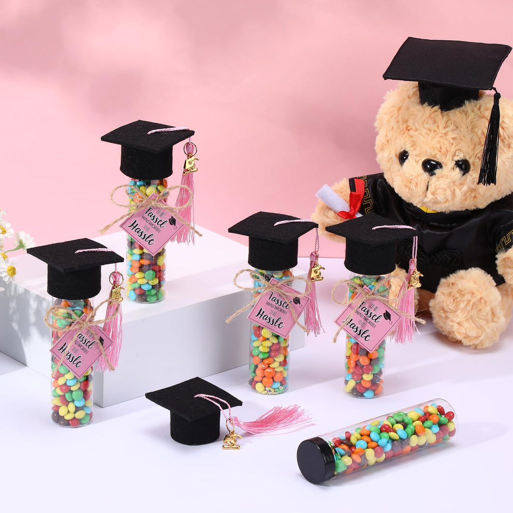 Willinglong 30 Set 2026 Graduation Candy Tubes Jars Set 100 ml Fillable Clear Plastic Gumball Container with Cap with Tassel and Cards for DIY 2026 Graduation Party Favors(Blue)