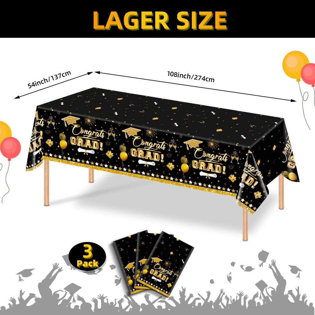 3 Pack Graduation Tablecloth Decorations,54x128inch Black Gold Congrats Grad Disposable Plastic Waterproof Rectangular Table Cloth Cover Decor for Class of 2026 College High School Party Supplies