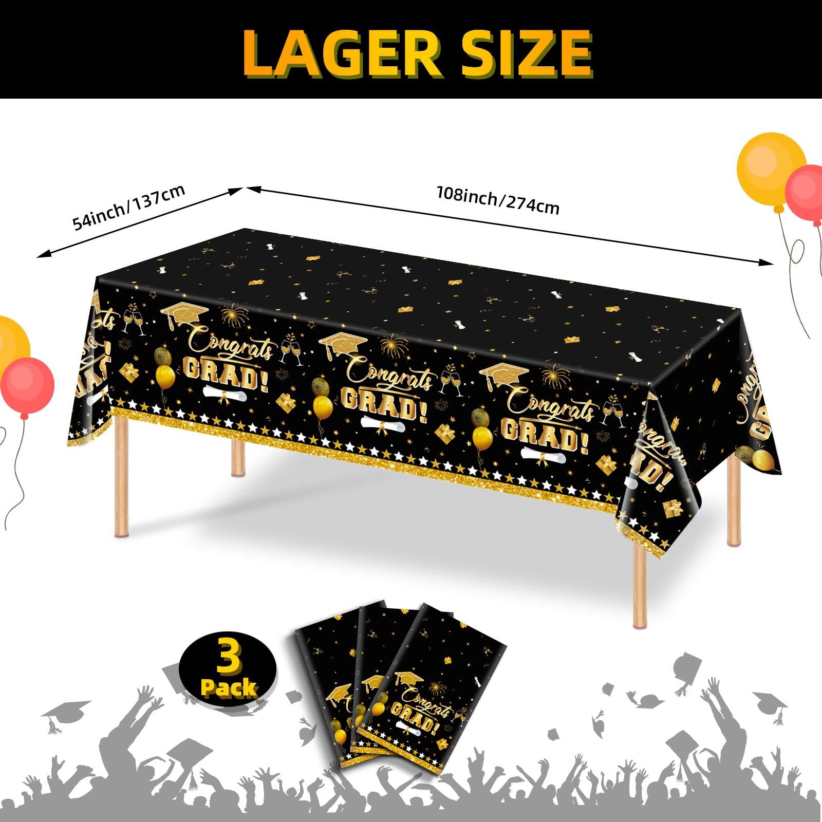 3 Pack Graduation Tablecloth Decorations,54x128inch Black Gold Congrats Grad Disposable Plastic Waterproof Rectangular Table Cloth Cover Decor for Class of 2026 College High School Party Supplies