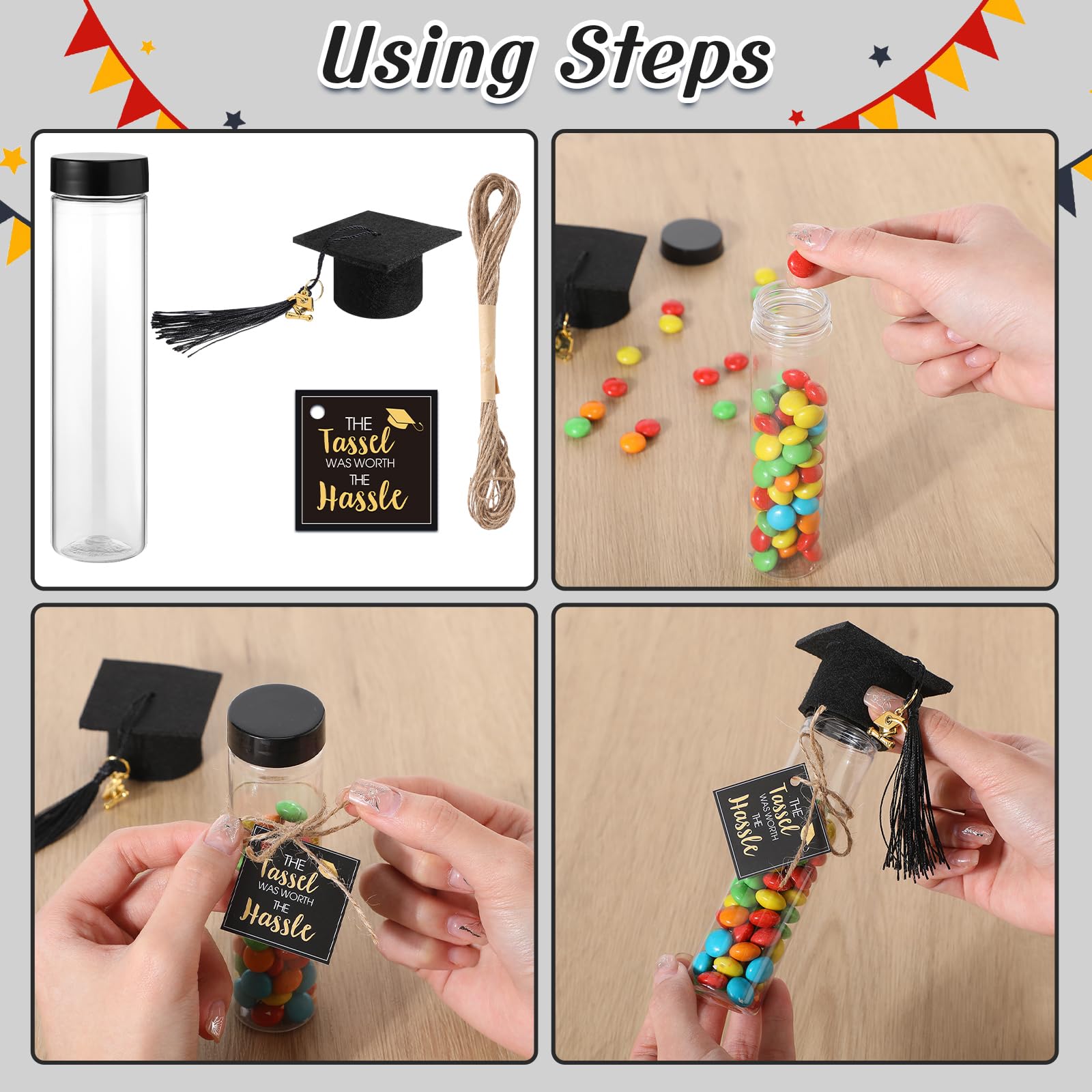 Willinglong 30 Set 2026 Graduation Candy Tubes Jars Set 100 ml Fillable Clear Plastic Gumball Container with Cap with Tassel and Cards for DIY 2026 Graduation Party Favors(Blue)