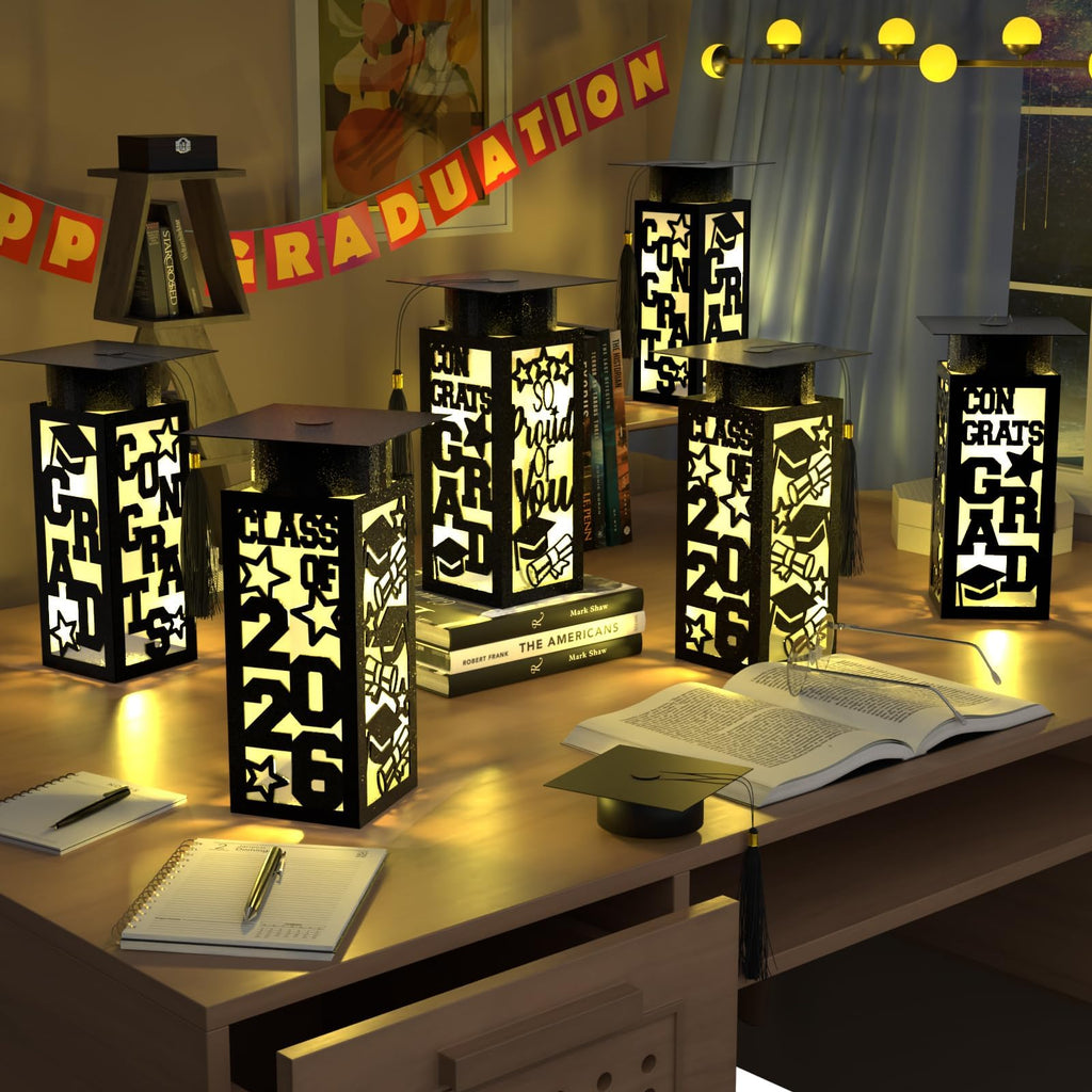 6 Pcs Graduation Table Centerpieces Boxes Class of 2026, Golden Graduation Paper Lanterns Boxes with String Lights Hollow Out for Congrats Grad School College Table Decorations Grad Party Photo Props
