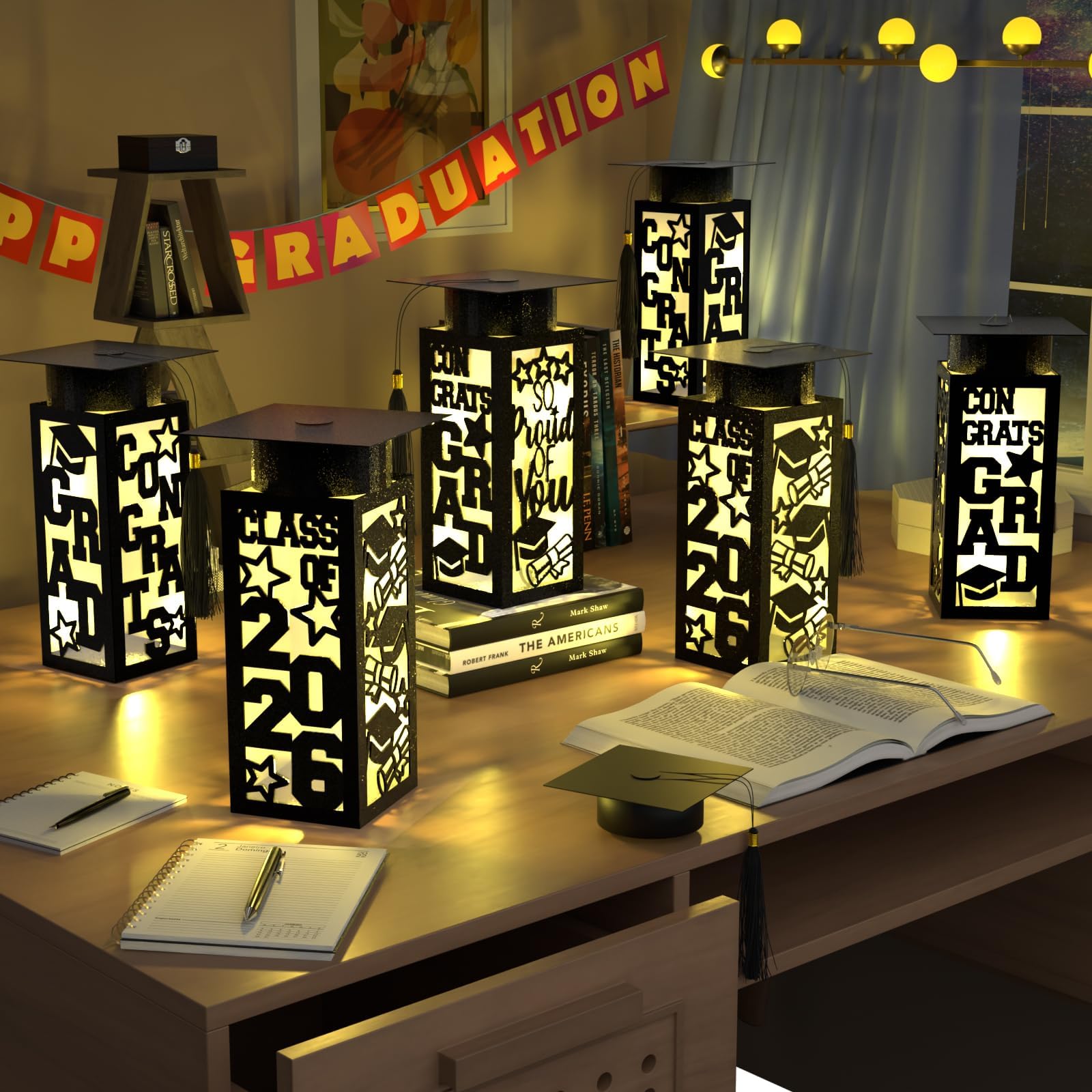 6 Pcs Graduation Table Centerpieces Boxes Class of 2026, Golden Graduation Paper Lanterns Boxes with String Lights Hollow Out for Congrats Grad School College Table Decorations Grad Party Photo Props